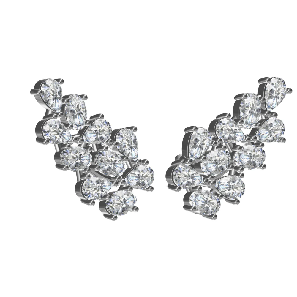 Pear and oval shape silver diamond earrings